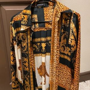 Animal print button down silk top